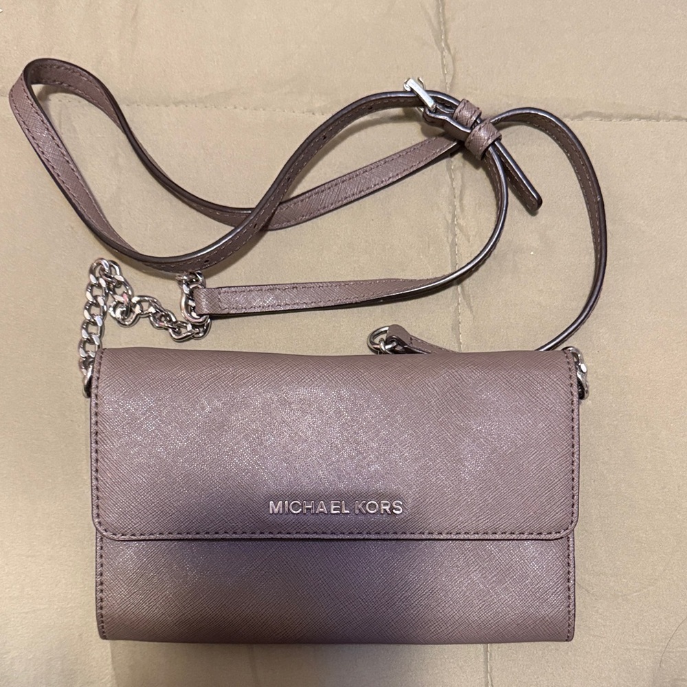 Michael Kors Taupe Crossbody Bag with Silver Accents